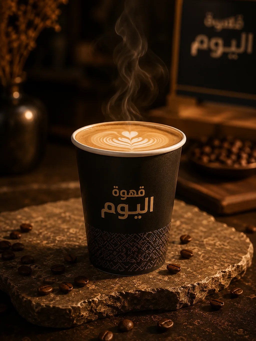 قهوة اليوم — إعلان مصمَّم للكوب مع بخار وحبوب قهوة وإضاءة دافئة