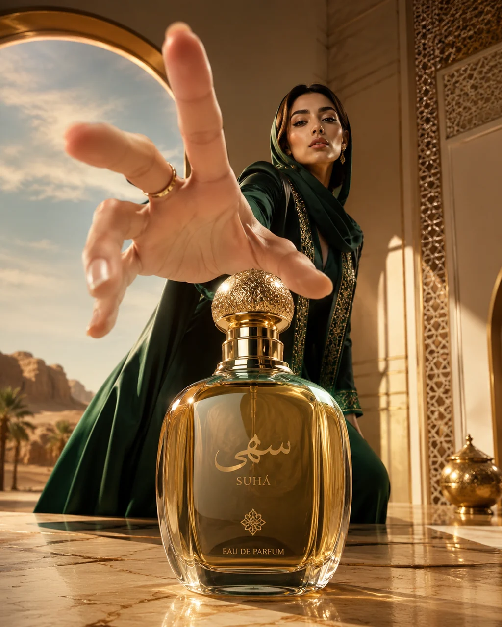 عطر SUHÁ — إعلان فاخر بخلفية صحراوية ذهبية